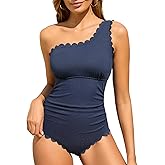 Summer Mae One Shoulder Women's One Piece Swimsuit Ribbed Scalloped Swim Suits Slimming Full Coverage Modest Bathing Suit