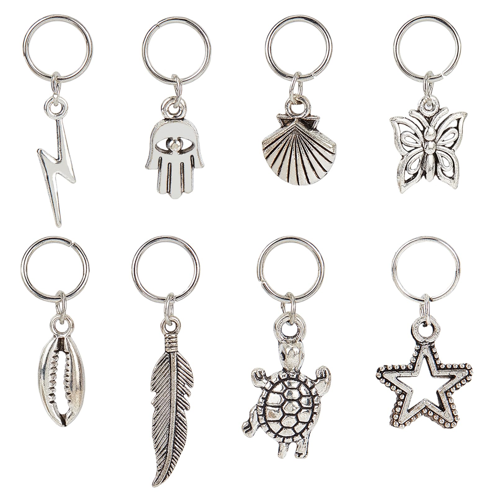 NICENEEDED 8PCS Silver Dreadlocks Locs Jewelry Braids Hair Charms, African Pendant Charms for Hair Decoration, Hip Hop Dangle Ring Adjustable Hair Ornaments Jewelry for Women Men Halloween