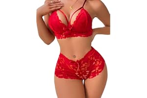 Lilosy Sexy Strappy High Waist Floral Lace Pajamas Lingerie Set Outfits