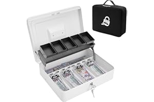 ZYNKORA Locking Cash Box with Carry Bag, Metal Money Box with Money Tray, Durable Lock Safe Box with Key, 4 Bill 5 Coin Slots,Cantilever Design, Large Cash Boxes, Money Saving Organizer