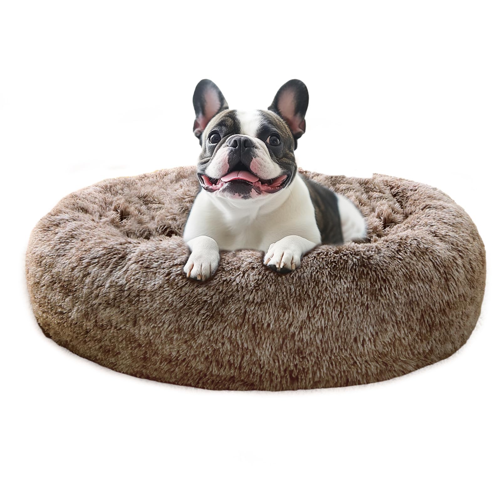 Photo 1 of JOLLYVOGUE Medium Calming Dog Bed, Anti-Anxiety Donut Cuddler Cat Bed with Anti-Slip Bottom, Fluffy Faux Fur Machine Washable Pet Cushion for Medium Dog & Cat, 27"/Smoke Brown