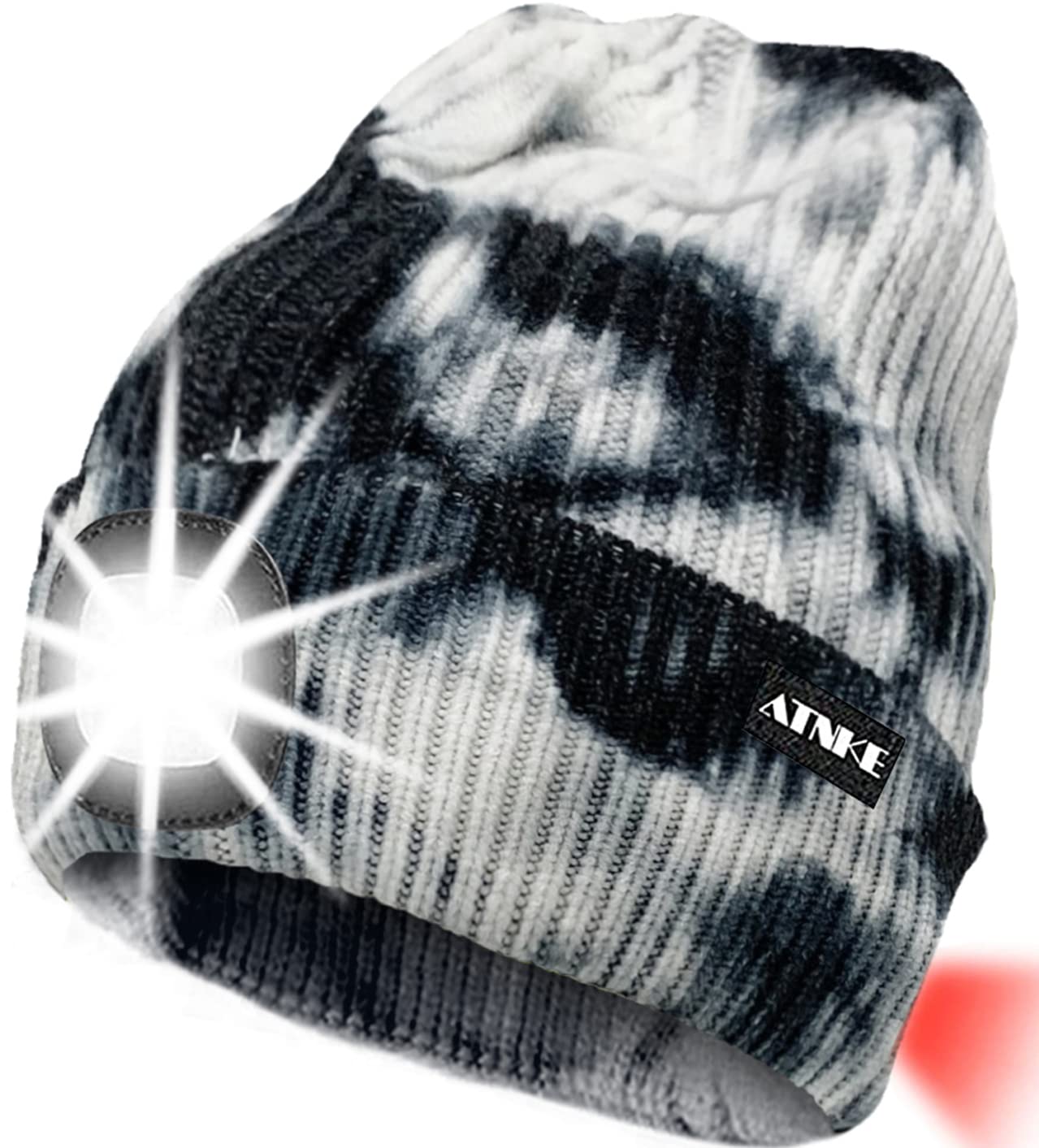ATNKE 8LED Lighted Knit Hat,USB Rechargeable Running Headlamp Cap Ultra Bright Waterproof Light Lamp and Flashing Alarm Red Tail Light Multi-Color (Tie Dye Black)