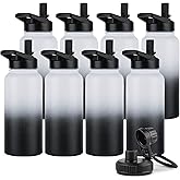 DOMICARE 32 oz Insulated Water Bottle Bulk, Vacuum Insulated Stainless Steel Sports Water Bottle with Straw Lid & Spout Lid, Leakproof, Reusable - Travel, Bike, Black White Gradient (8 Pack)
