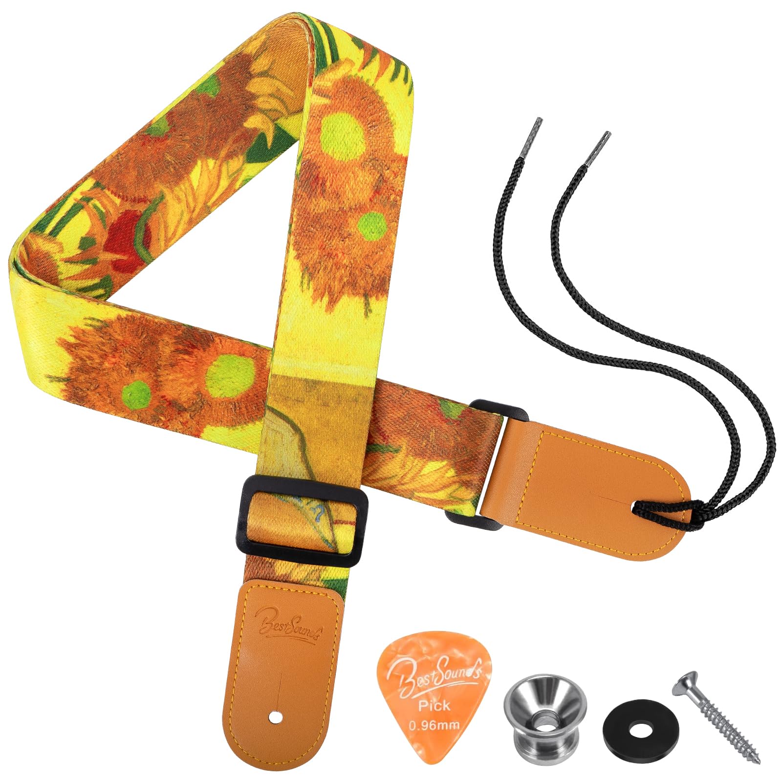 Ukulele Strap - BestSounds Uke Shoulder Straps with Leather Ends for Soprano Concert Tenor and Baritone Ukuleles (Van Gogh Sunflower)