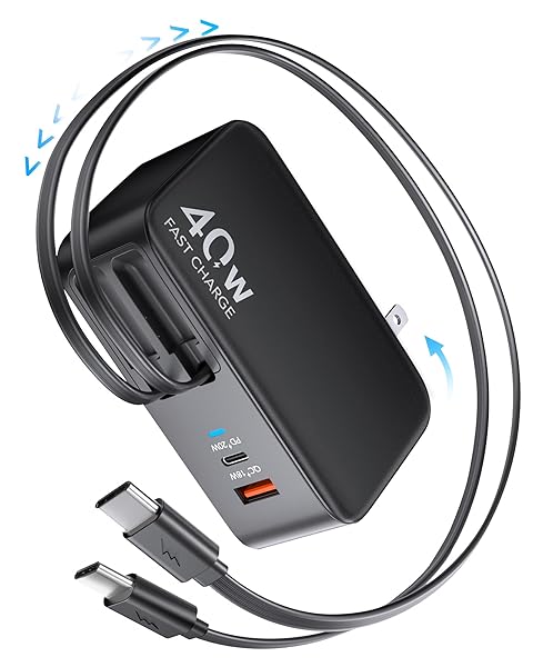 RETRACTABLE USB C CHARGER WALL PLUG WITH 35.5IN/90CM TYPE C CABLES CORDS,40W FAST CHARGING FOLDABLE BLOCK MULTI CHARGER FOR ALL DEVICES FOR IPHONE 17/16/15/14/13/12,IPAD,GALAXY,PIXEL