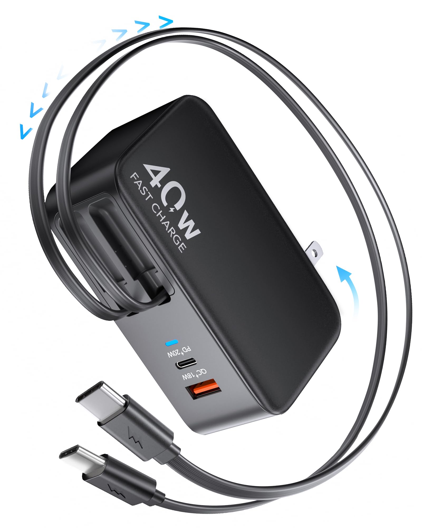 Photo 1 of Retractable USB C Charger Wall Plug with Dual 35.5in/90cm Type C Cables Cords,40W Fast Charging Foldable Block Multi Charger for All Devices for iPhone 17/16/15/14/13/12,iPad,Galaxy,Pixel