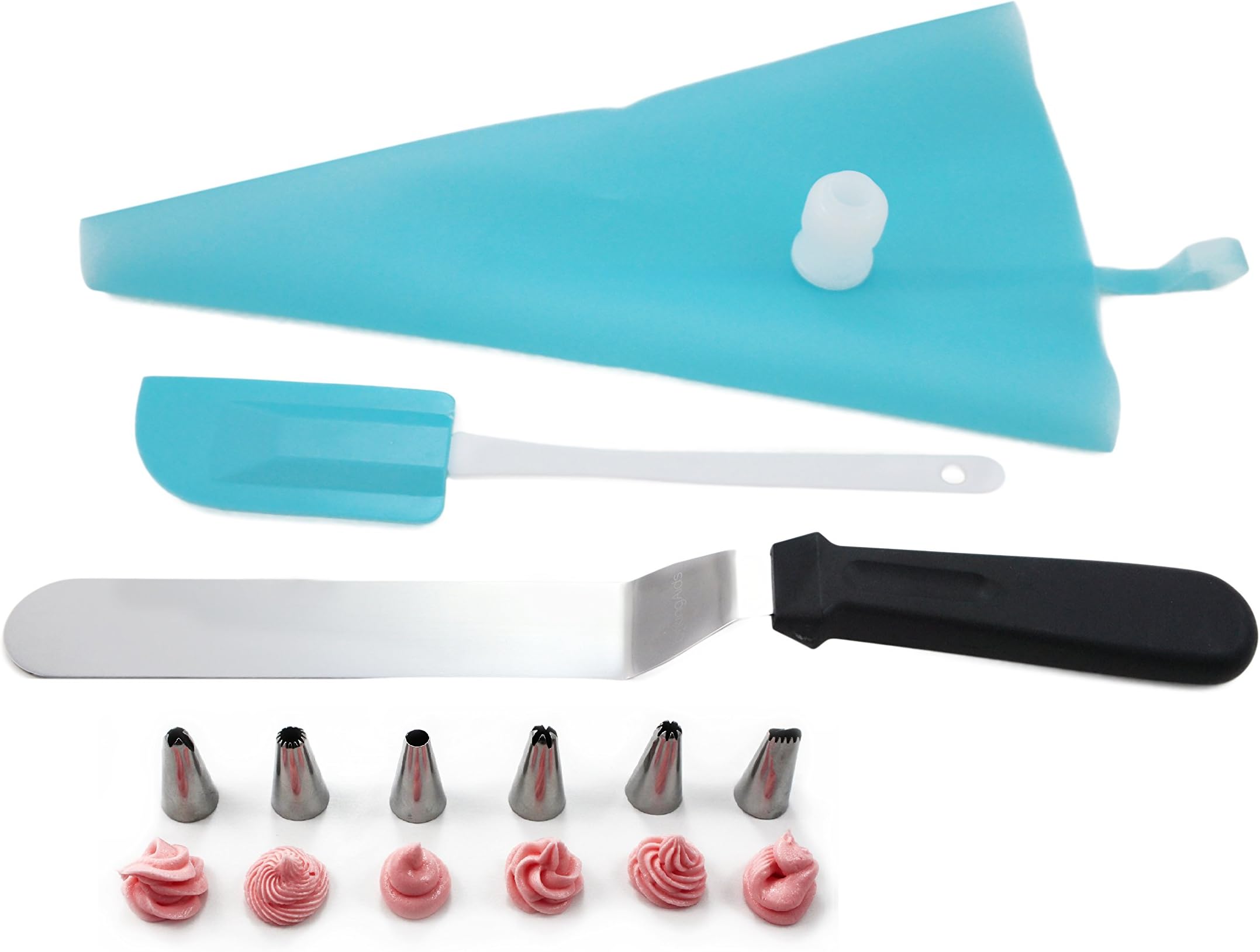 10-Pieces Pastry Cake Decorating Kit Perfect for Decorating Cupcakes, Cakes, or Pastries - Includes 6 Frosting Tips, Offset Icing Spatula, Reusable Silicone Pastry Bag and Coupler By Baking Aid