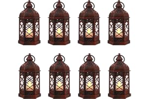 LLQ 8Pack Mini Lantern Decorative for Halloween Christmas & Wedding, Small Vintage Moroccan Lantern with Flickering LED Candle for Table Centerpieces, Enchanted Forest Medieval Decor, Hanging Ornament