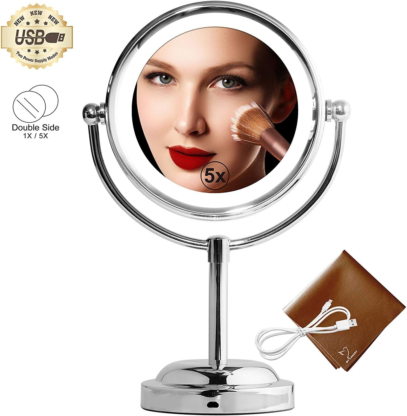 Makeup Mirror With Lights - MY CANARY Vanity Mirror With USB/Battery Powered,1x/5x Magnifying Light Up Mirror,Double Sided LED Mirror For Bathroom Or Bedroom Countertop,Desk Mirror With 360° Rotation