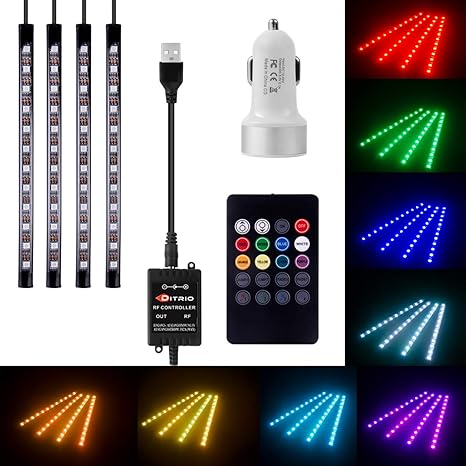 DITRIO® 4x12LED Innenbeleuchtung Auto Lichtleiste mehrfarbliche LED Streifen mit Fernbedienung und KFZ Ladegerät DC 10-15V