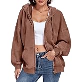 ALSOGO Womens Double Zip Up Oversized Hoodie Fleece Acid Wash Long Sleeve Sweatshirts Distressed Vintage Cotton Jackets