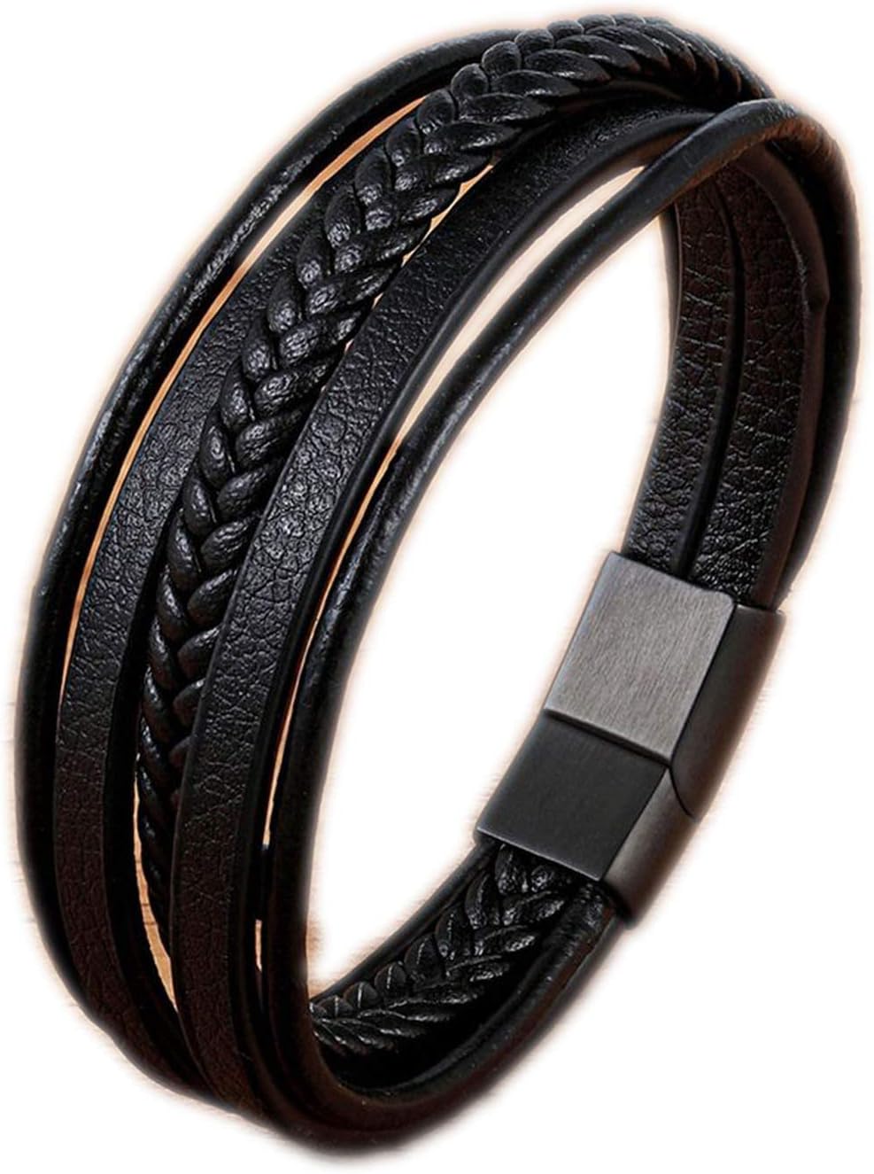 Leather Bracelet Black & Brown Color with Stainless Steel Buckle Easy Hook Bangle