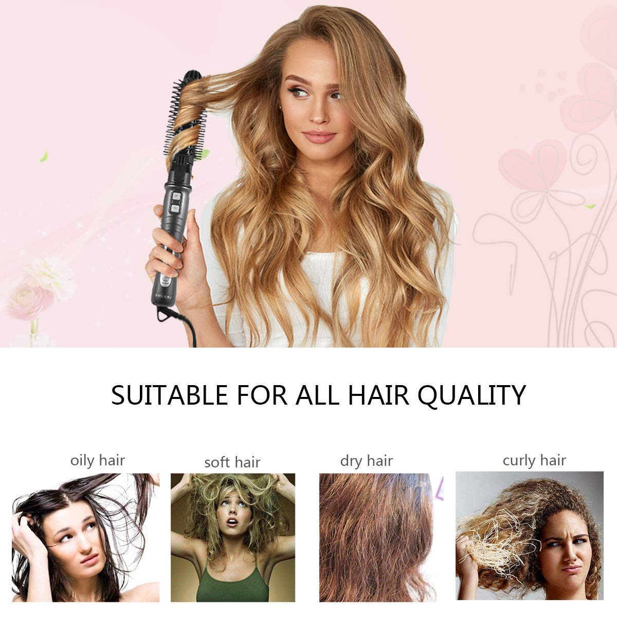 HISOON Professional Curling Iron Brush, 1.25 inch Automatic Curling Iron 2 in 1 Dual Voltage Ceramic Tourmaline Hair Curler Hot Brush, Anti-Scald Instant Heat Up Curling Wands Black