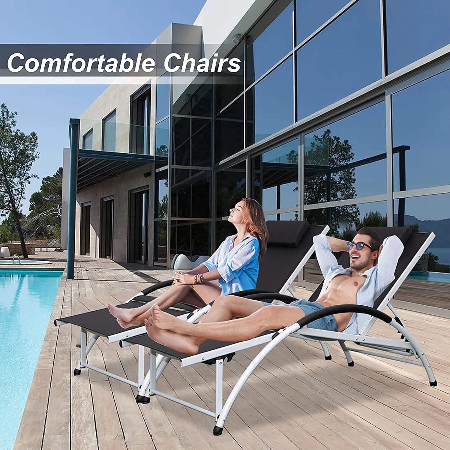 Seaipen Chaise Lounge Chair Outdoor with Head Pillow Set of 2, Patio Lounge Chair, 2021 Material Innovation and Upgrade，Waterproof, Sit-up Function : Garden & Outdoor