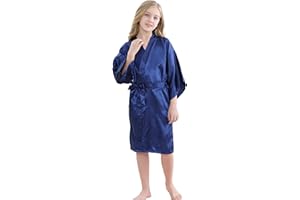 MORFORU Girls Kids Solid Color Silky Satin Kimono Robe for Wedding Spa Party, Short
