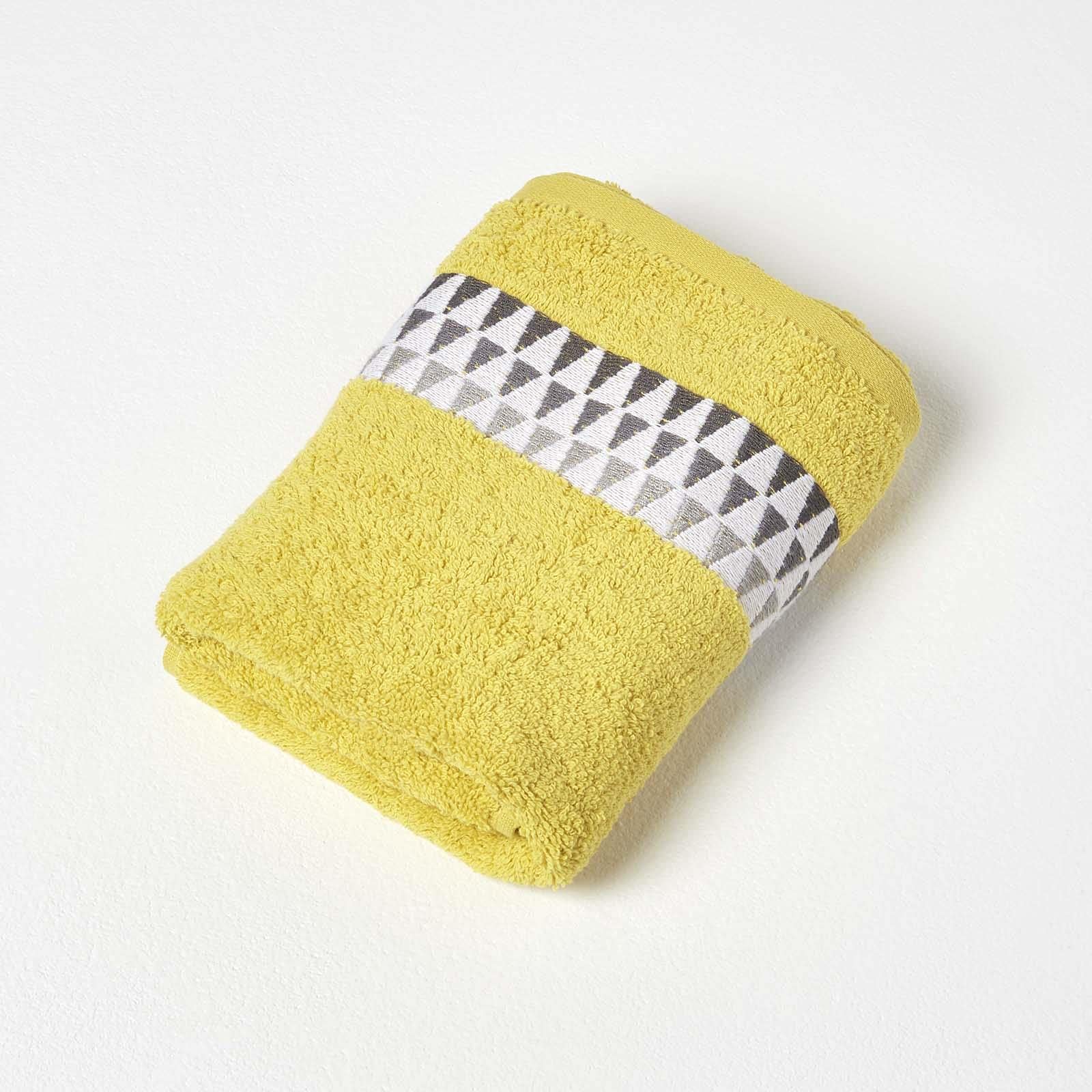 HOMESCAPES Geometric Pattern Ochre Hand Towel 100% Cotton Super-Absorbent & Soft Small Yellow Guest Towel with Retro Design