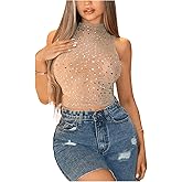 Floerns Women's Sleeveless Rhinestone Mock Neck Mesh Slim Fit Party Crop Tank Top