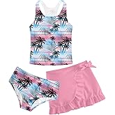 Girls Swimsuits 3 Piece Tankini Bathing Suit Set Cute Bikini Swimwear with Cover Ups Beach Skirt 5-16 Years