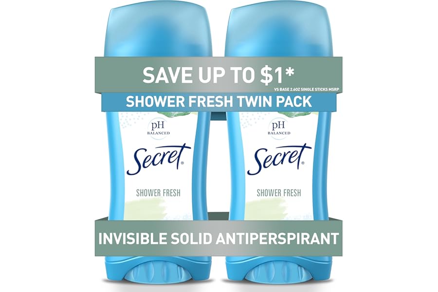 Secret Antiperspirant and Deodorant for Women, 24hr Sweat & Odor Protection, PH Balanced Protection, Gentle on Skin, Invisible Solid, Shower Fresh Scent, 2.6 oz (Pack of 2)