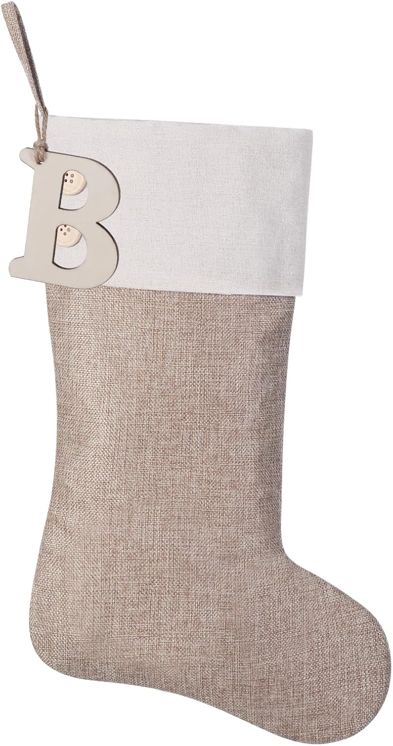 Stockings & Holders - JKSVE 19.5 inch Burlap Christmas Stockings, Personalized Wooden Initial Monogram Christmas Stocking, Christmas Party Family Decor (B)