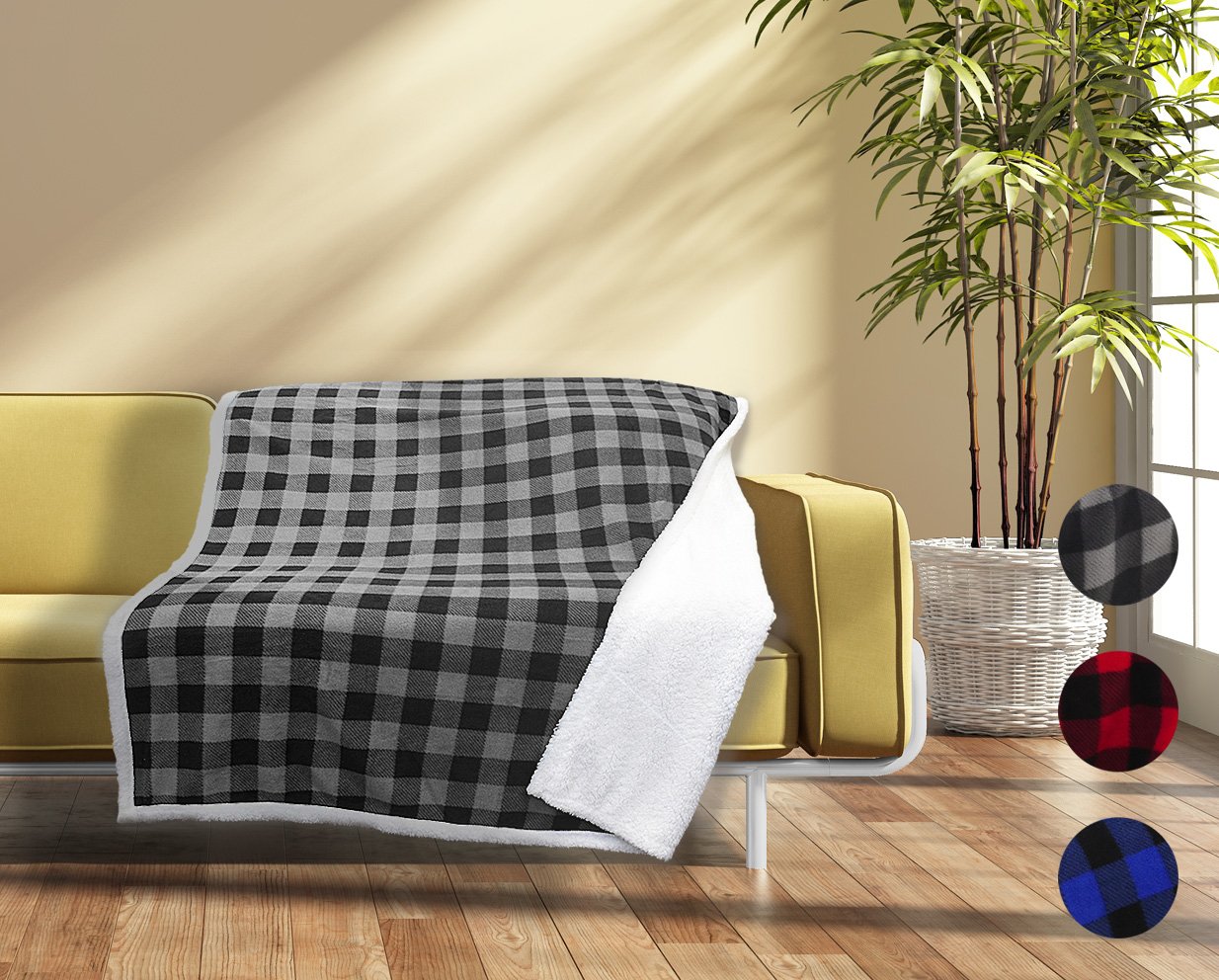 Sherpa Throw Blanket, Luxury Reversible Cozy Fleece Blanket, Warm Super Soft Comfort Caring Gift for Children and Adult, 152cm x 127cm, Black Plaid by Catalonia