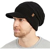 PolarWool™ 100% Merino Wool L/XL/XXL Fleece Lined Slouchy Visor Beanie Stocking Winter Hat with Brim Knit Cap for Men Women