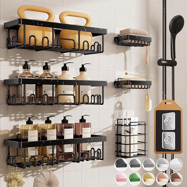 Veken Shower Caddy 6-Pack, Advanced Rustproof Design, No Drilling Adhesive Shelves, Rack with Soap Holder, Large Capacity Bat