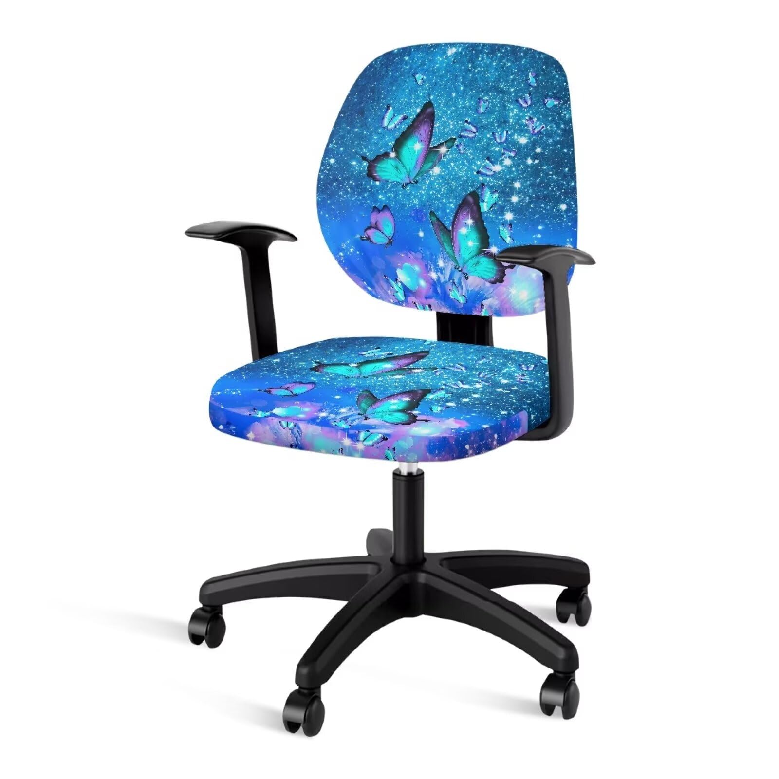 Xoenoiee Blue Sparkling Butterfly Print Office Desk Chair Covers Polyester Seat Covers Stretchable Protective Computer Chair Covers 2 Pieces Set with Backrest Cover