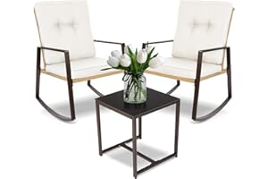 YIYAN 3 Pieces Patio Bistro Set Outdoor Rattan Wicker Rocking Chairs Set,Patio Outdoor Furniture Conversation Sets with Sofa Chairs,Glass Coffee Table and Washable Cushion (Light Beige)