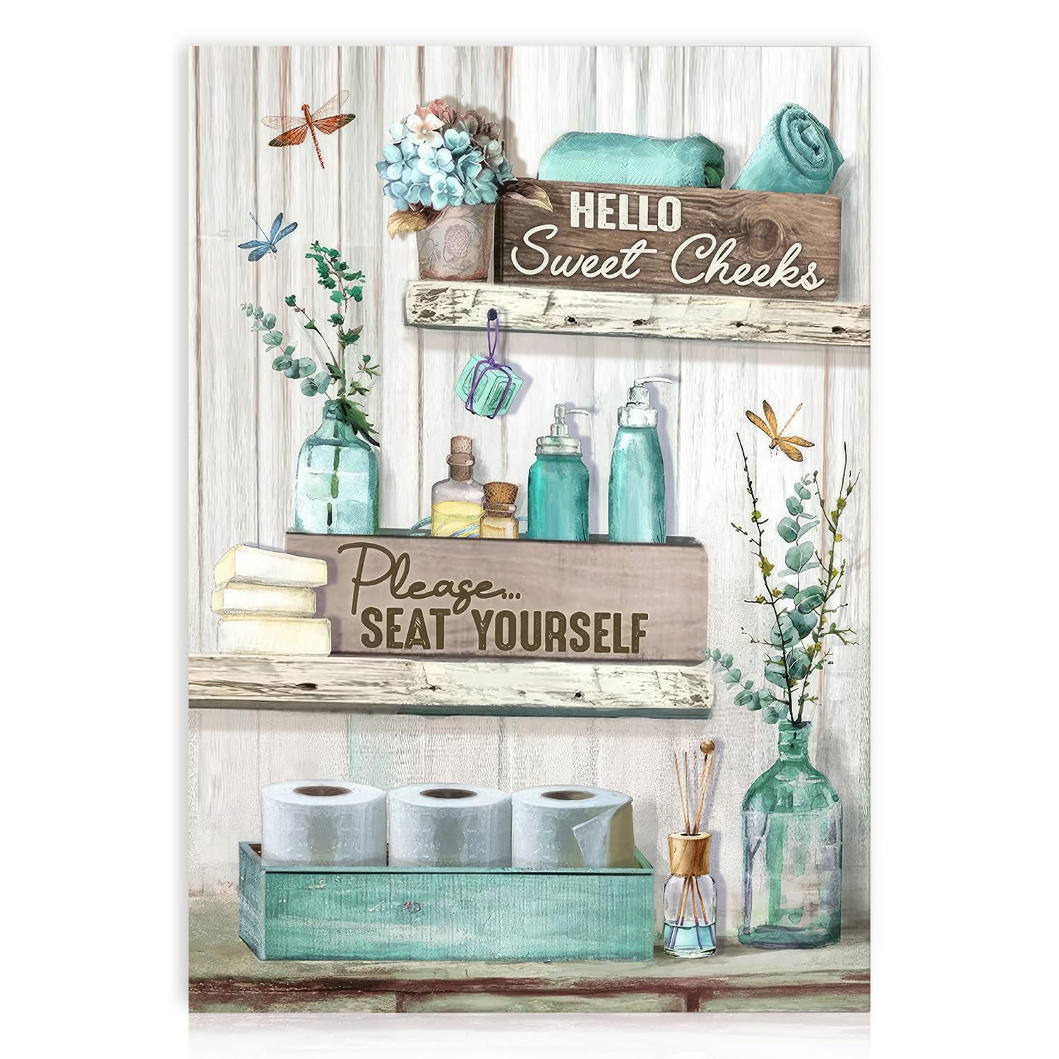 Dazzlewall Farmhouse Bathroom Wall Decor Poster Dragonfly Flower and Bottles, Rustic Wall Poster for Bathroom Toilet Decor 12x16 in Unframed