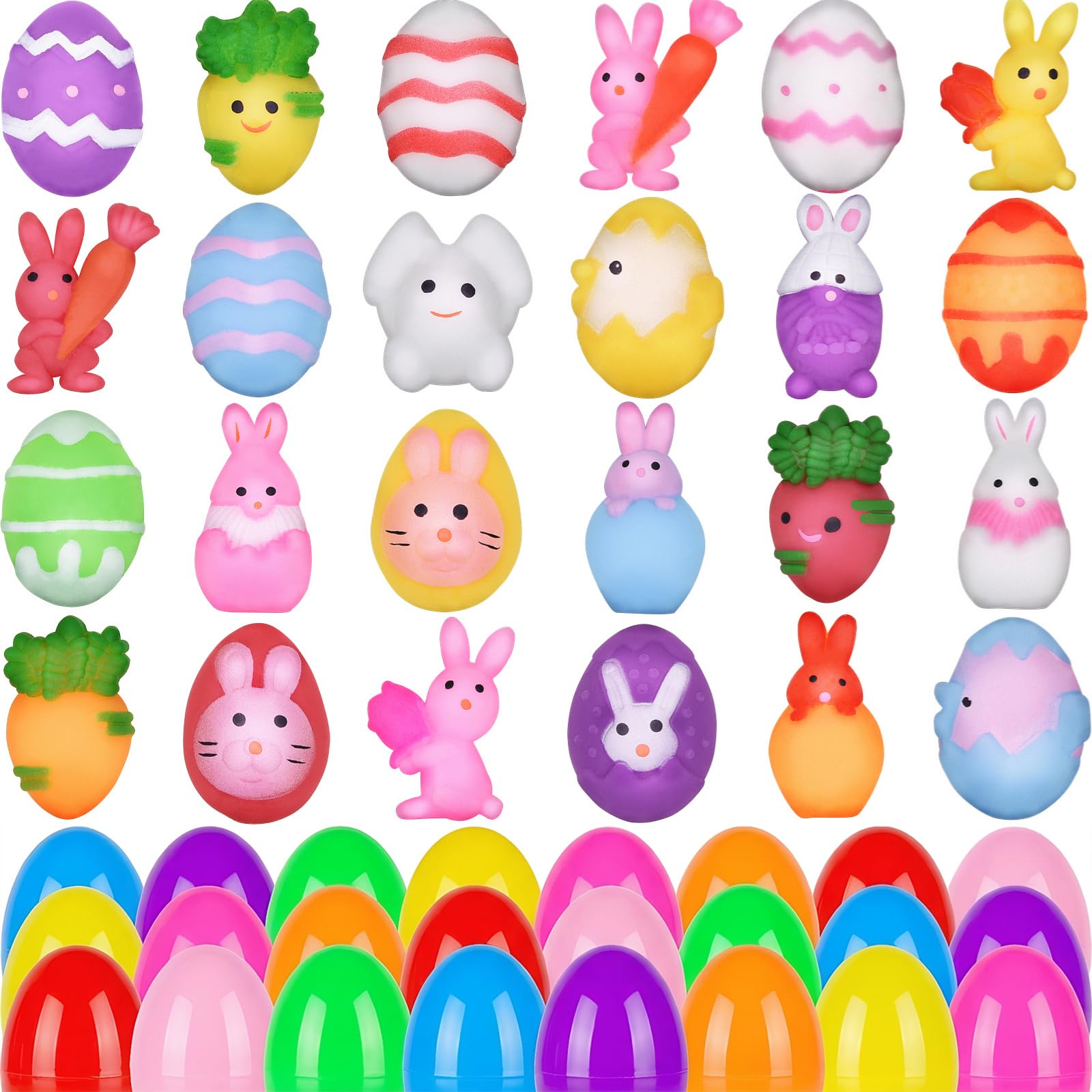 Howzcci 24 Pack Easter Mochi Squishy Toys Squishies Easter Toys with 24 PCS Plastic Easter Eggs for Kids Girls Boys Party Favors Easter Basket Stuffers Party Favors Candy Bags Gifts