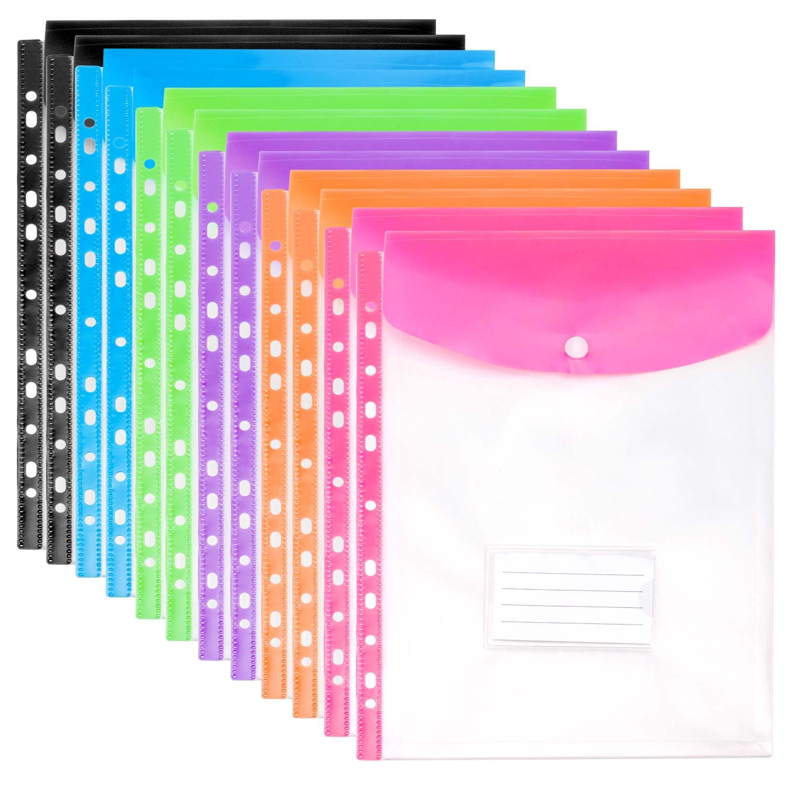 PINGEUI 24 PCS A4 Punch Pocket, Hole Punched Plastic Wallets with Label Pocket Plastic Binder Wallets for Home, Office and Business Trip, 6 Colors