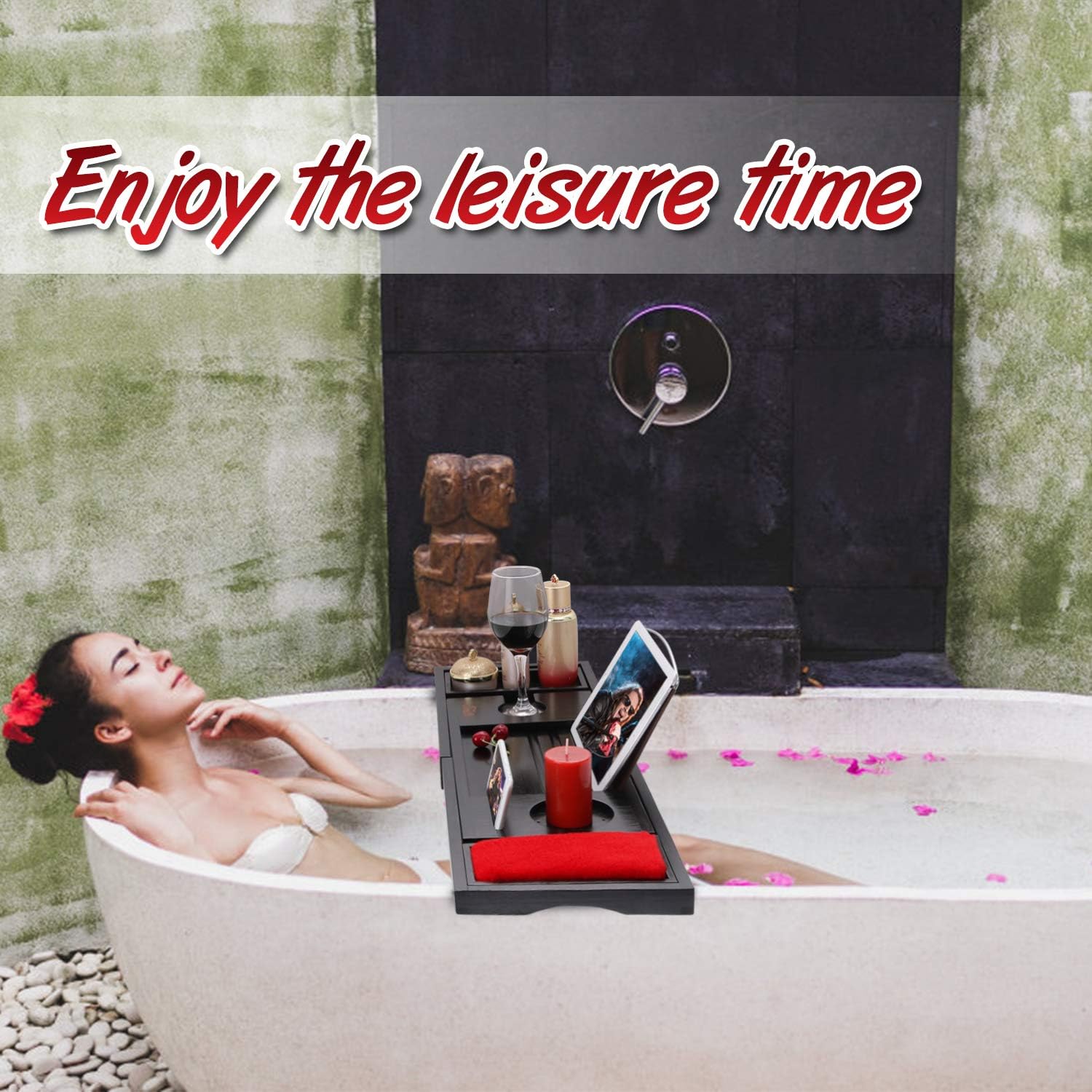SIMATH Bathtub Tray Expandable, Bathtub Caddy Tray for Luxury Bath Bamboo Tray with Book Stand Wine Glass Holder, Free Soap Holder (Black): Home & Kitchen