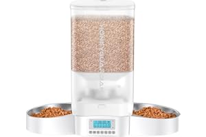 HoneyGuaridan Automatic Cat Feeder for Two Cats,5L Cat Food Dispenser with 2 Stainless Steel Bowl,Timed Cat Feeder Programmable 1-6 Meals Control, Dual Power Supply,Desiccant Bag,10s Meal Call(White)