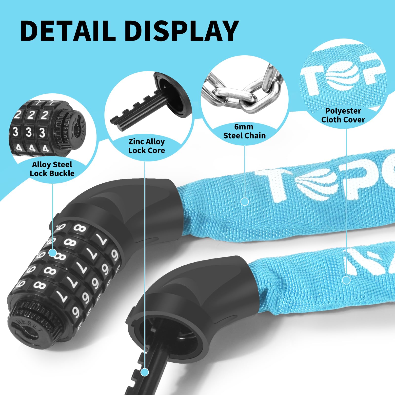 Bike Chain Lock 3.2 ft Long High Security Heavy Duty Anti Theft, 5 Digit Combination Resettable Keyless Bicycle Lock for Bike/Electric Scooter/Ebike/Motorcycle (Sky Blue)
