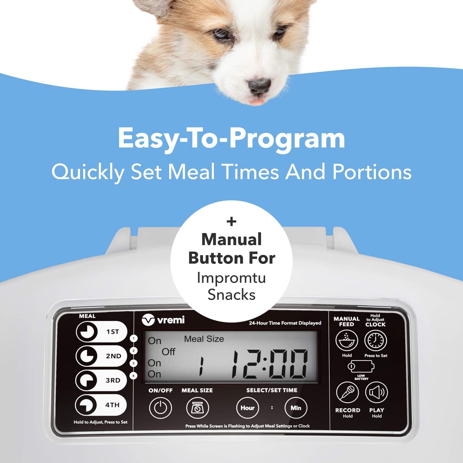 Kitchen & Dining : Vremi Automatic Pet Feeder for Cats and Dogs - Large 6L Capacity - Easily Programmable with Timer for up to 4 Meals Per Day - AC Power with Battery Backup and Voice Recorder for Custom Feeding Message : 
