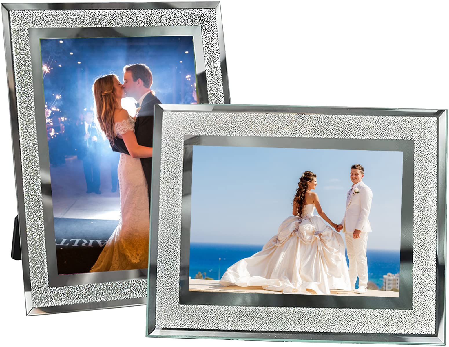 Glass Photo Frames 10x8 Set of 2, Crushed Diamond Sparkly Picture Frames, Silver Mirror Photo Frames for Wedding, Home Decor, Tabletop Display — image 1