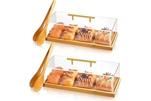 FoldTier 2 Set Rectangular Cake Tray with Lid 14" x 6" x 4" and 15" x 7" x 4" Dessert Display Case with Wood Base Acrylic Cake Stand Holder Serving Tray for Party Banquet Dessert Shop (Bamboo)