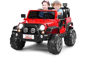 Costzon 2-Seater Ride on Truck, 12V Battery Powered Electric Vehicle Toy w/Remote Control, 3 Speed, LED Lights, MP3, Horn, Music, 2 Doors Open, Spring Suspension, Ride on Car for Kids (Red)