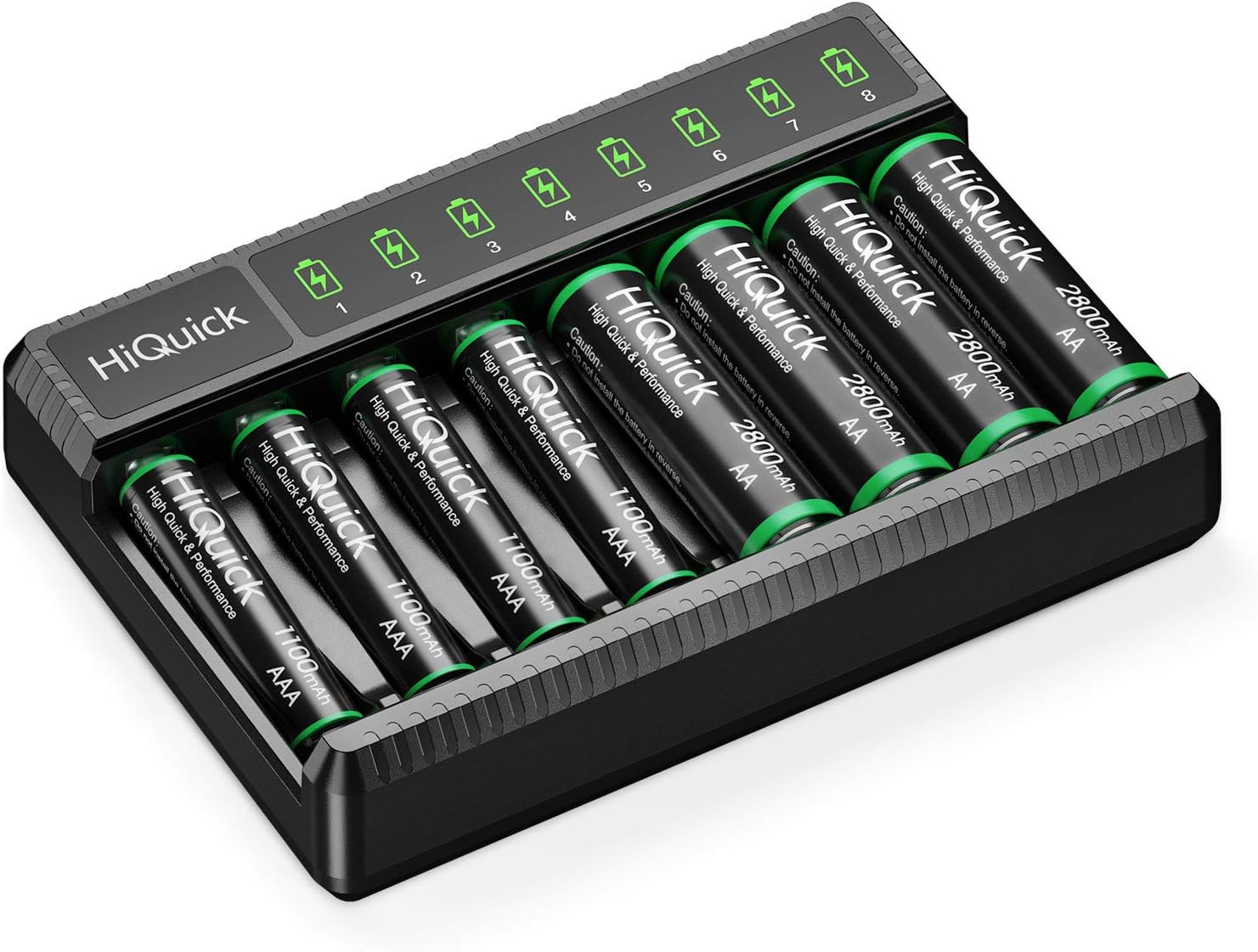 HiQuick 8 Slot AA AAA Battery Charger with 4 AA and 4 AAA NI-MH Rechargeable Batteries- Individual Battery Charger with Type C Input 5V 2A Fast Charging Function and Rechargeable Battery