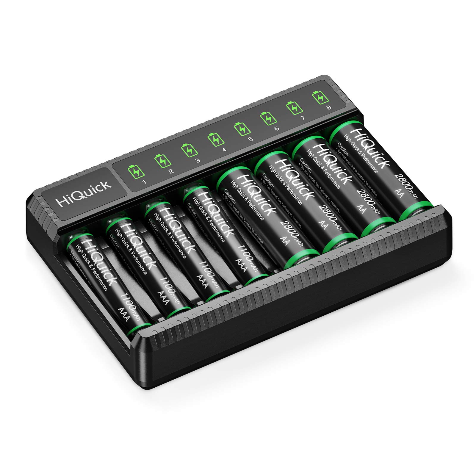 HiQuick 8 Slot AA AAA Battery Charger with 4 AA and 4 AAA NI-MH Rechargeable Batteries- Individual Battery Charger with Type C Input 5V 2A Fast Charging Function and Rechargeable Battery