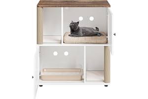 GAOMON 2 Tiered Cat Litter Box Enclosure for 2 Boxes, 31.5'' Double Litterbox Enclosure Furniture with Scratch Posts and Double-Layer Litter Mats, Wood Cat Washroom 2 Doors White