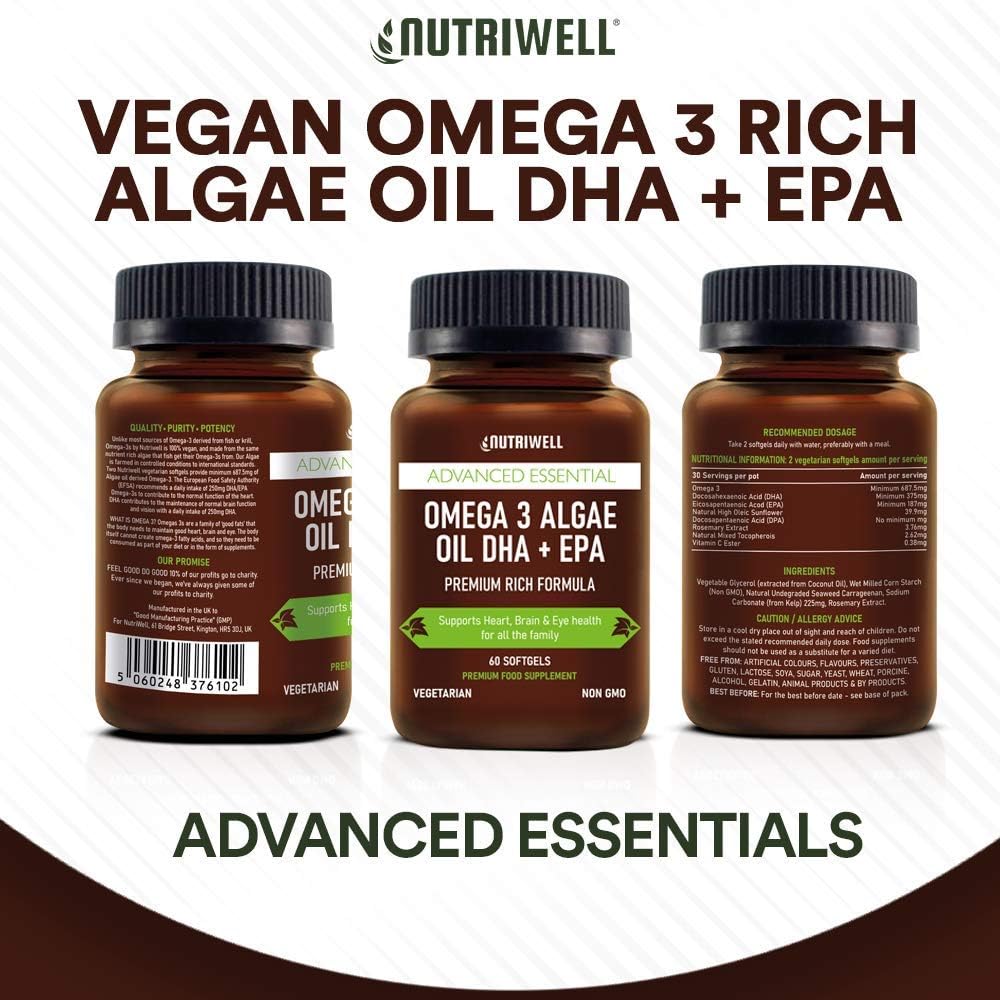 Vegan Omega 3, High Strength Algae Oil, DHA + EPA, 60 Softgel Capsules, Plant Based, Supports Heart, Brain - Image 3