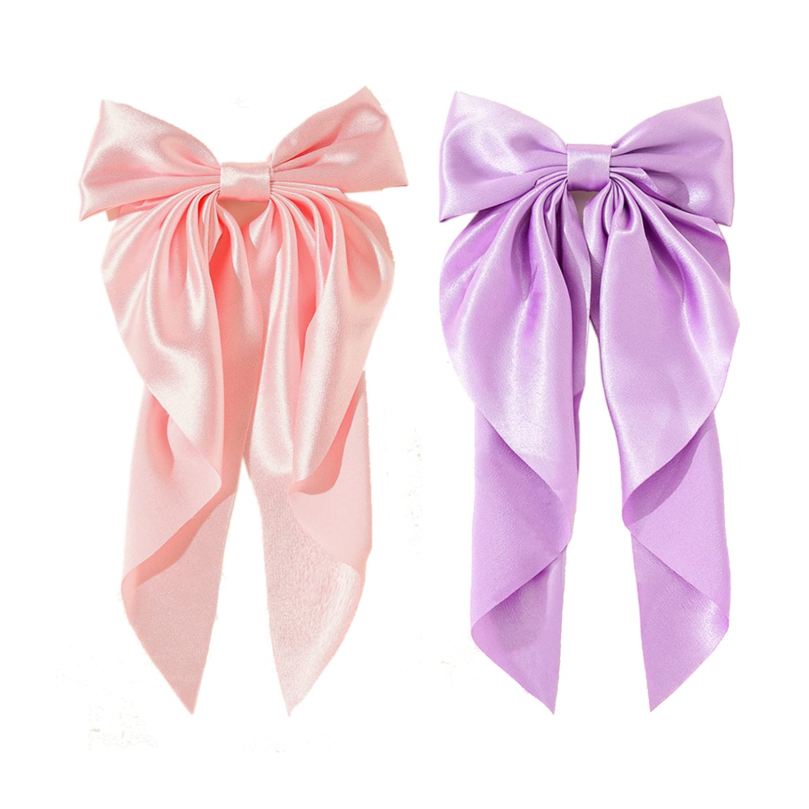 Golden Apple 2Pcs Super Big Bow Hair Clips French Style Soild Color Knotted Bowknot Spring Snap Barrettes Hair Clips with Long Ribbon for Women Girls (Pink+Purple)