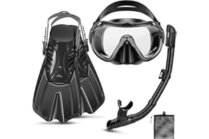 CTSAYTL Snorkeling Gear for Adults, 4 in 1 Travel Size Mask Fins Snorkel Set with Panoramic View Anti Fog Mask, Dry Top Snorkel, Trek Fins and Travel Bag, Snorkel Gear for Swimming Diving Snorkeling