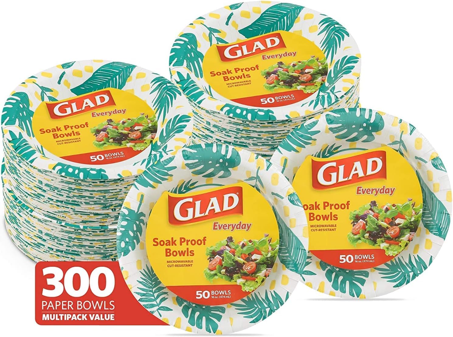 Glad Round Disposable Paper Bowls, Palm Leaves Design - Heavy Duty, Soak Proof, Cut-Resistant, Microwavable Bowl for All Foods & Daily Use, 16 Oz, 50 Count - 6 Pack Image