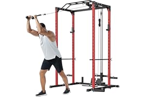 TackView Power Cage Squat Rack with LAT Pulldown and Low Row, 1200LBS Home Gym Rack with J - Hooks, Dip Bars, Pull - Up Bar, 