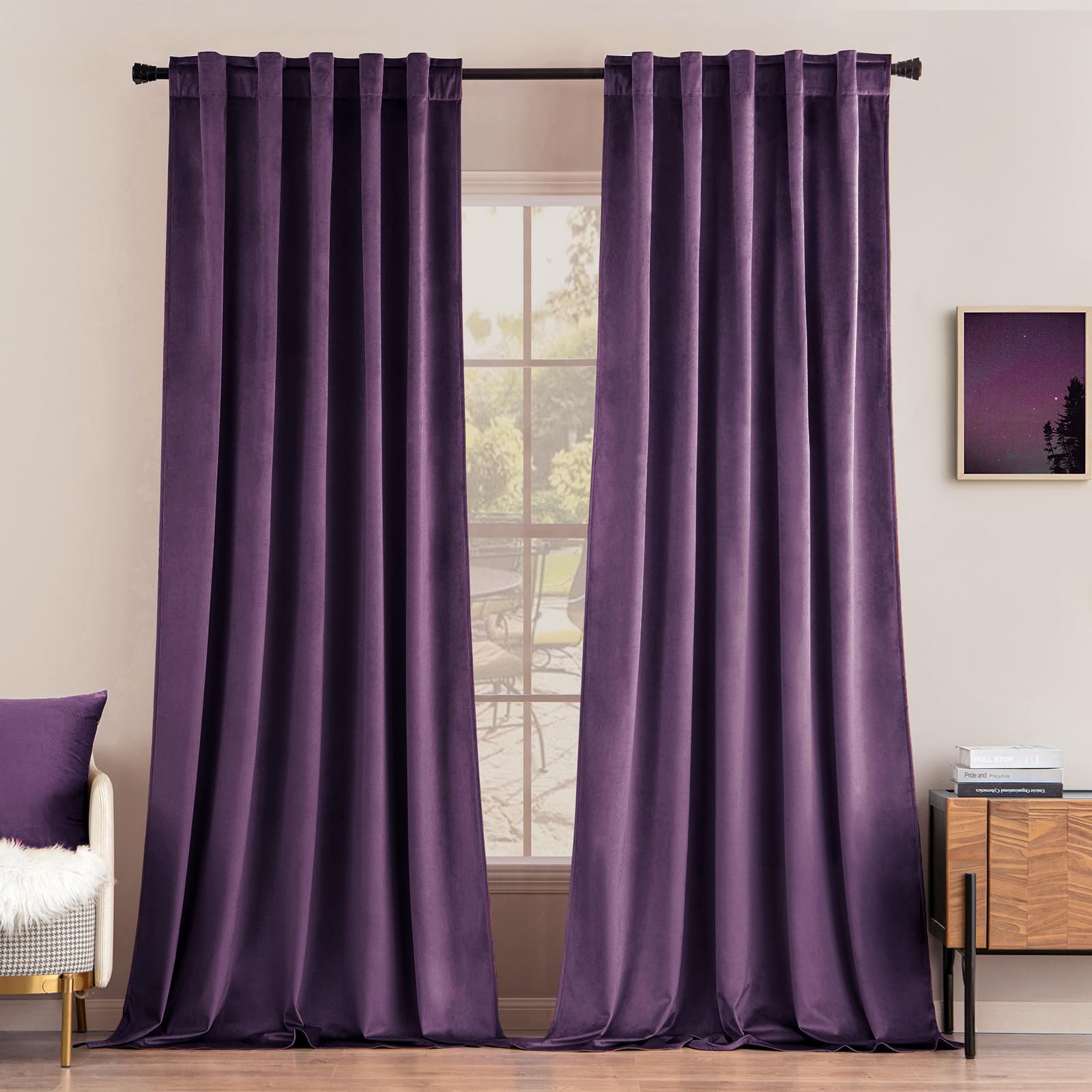 MIULEE Purple Velvet Curtains 108 inches - Luxury Blackout Curtains for Bedroom Living Room Thermal Insulated Super Soft Window Drapes Rod Pocket & Back Tab, W52 x L108 inches, 2 Panels Image