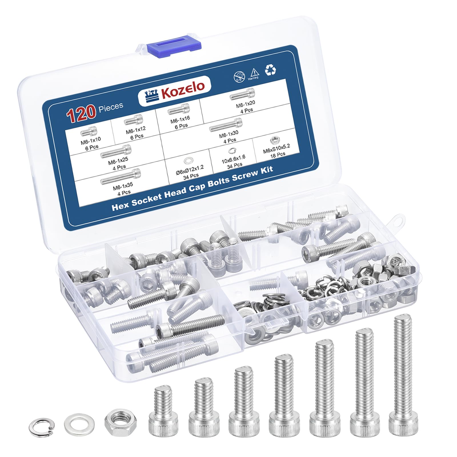Kozelo 120pcs M6 Socket Head Cap Screws Bolts Nuts Assortment Kit - [M6x10/12/16/20/25/30/35mm] 304 Stainless Steel Allen Socket Drive for 3D Printer — image 1