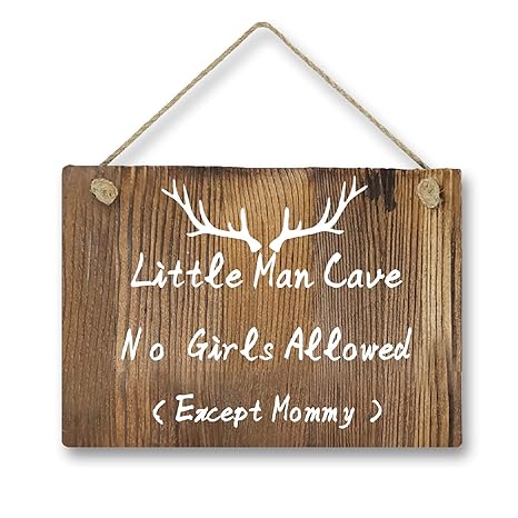 Agantree Art Little Man Cave No Girls Allowed Except Mommy Antler Woodsy Rustic Front Door Hanger Wood Decor Sign For Kids Boys Nursery Bedroom